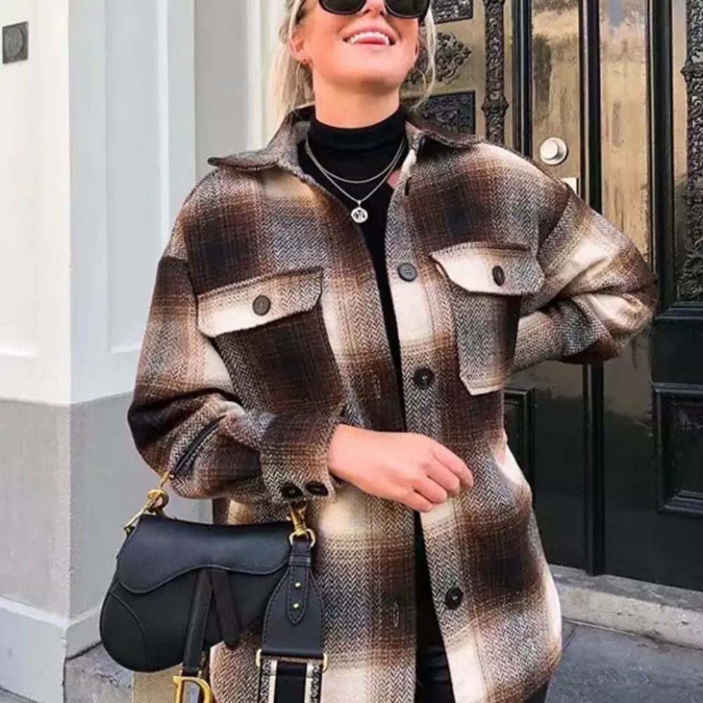 Fall Plaid Flannel Oversized Shacket Shirt Jacket - Picture 2 of 10